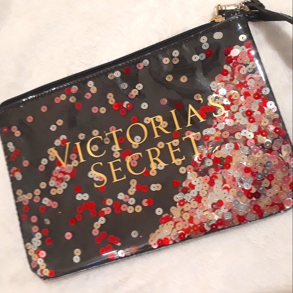 Victoria's Secret Floating Sequins Black Pink Red Gold Wristlet/Clutch NWOT - Picture 2 of 6